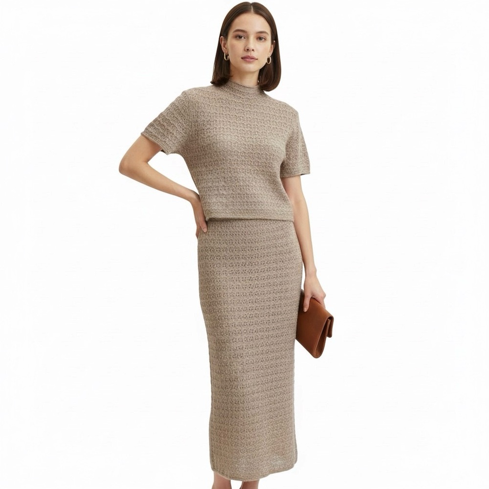 NWT House of Harlow Tan Knit Wool Crochet Dress Maxi Skirt Crop Top S